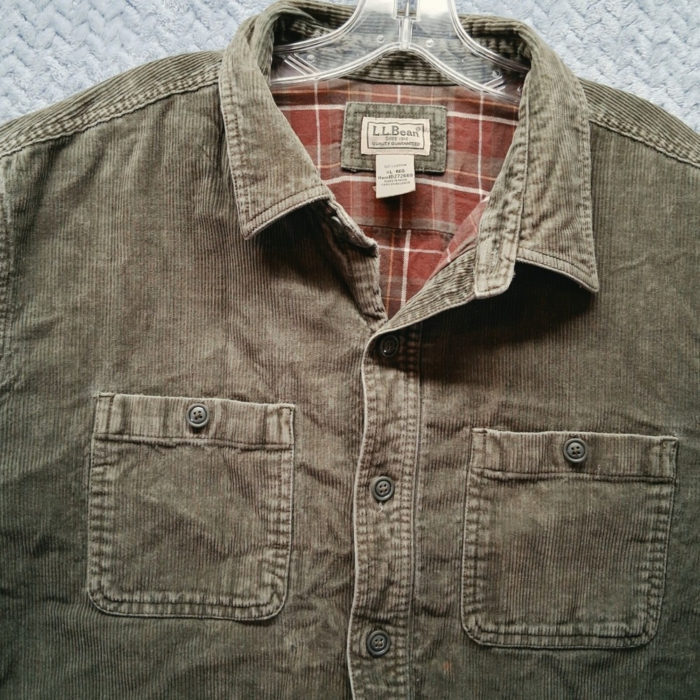 LL Bean Mens Barn Chore Plaid Lined OLive Green Corduroy Shirt XL Reg Torn